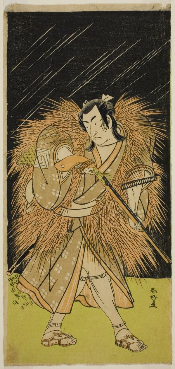 Skådespelaren Ichikawa Monnosuke II som Hayano Kampei i pjäsen Kanadehon Chushin Najori no Kura, uppförd på Nakamura-teatern i den nionde månaden 1780 av Katsukawa Shunkо̄