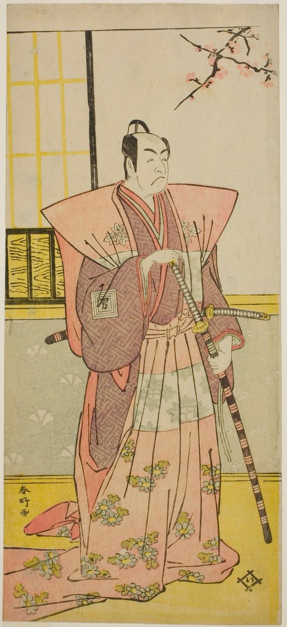 Skådespelaren Ichikawa Omezo I som Koyurugi Motomenosuke () i pjäsen Haru no Nishiki Date-zome Soga (), uppförd på Nakamura Theater () under den första månaden 1790 () av Katsukawa Shunkо̄