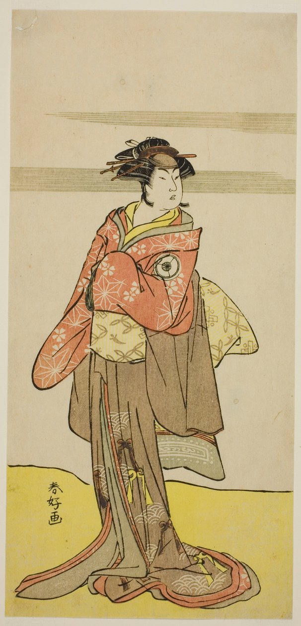 Skådespelaren Iwai Hanshiro IV som Hitomaru förklädd till geishan Oshun i pjäsen Edo no Hana Mimasu Soga, uppförd på Nakamura-teatern under tredje månaden 1783 av Katsukawa Shunkо̄