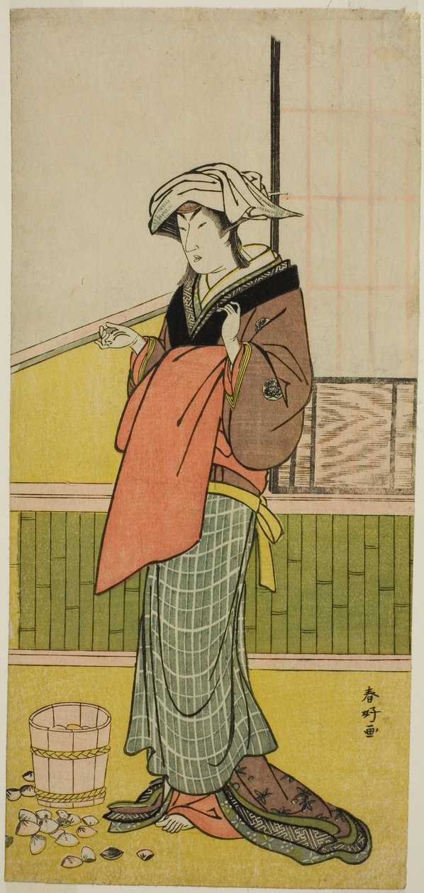 Skådespelaren Nakamura Riko I som Moshio () i pjäsen Honda Yayoi Meoto Junrei (), uppförd på Ichimura-teatern () i den sjunde månaden 1778 () av Katsukawa Shunkо̄