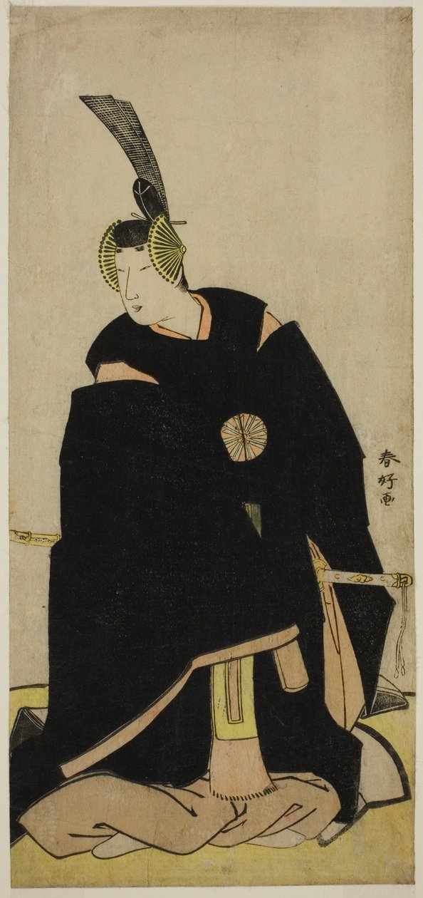 Skådespelaren Nakamura Tomijuro I som Taira no Masakado förklädd till Otomo no Kuronushi () eller Sugawara Micihizane () i pjäsen Shida Yuzuriha Horai Soga () eller Sugawara Denju Tenarai Kagami (), uppförd på Morita Theater () i första eller femte månaden av Katsukawa Shunkо̄