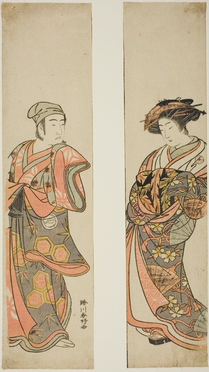 Skådespelaren Nakamura Tomijuro I som kurtisan (t.h.) och Sawamura Sojuro III som Oyamada Taro () förklädd till Tarosaku från byn Oyamada (t.v.) i pjäsen "Azuma no Mori Sakae Kusunoki", uppförd på Ichimura Theater i den elfte månaden 1779 av Katsukawa Shunkо̄
