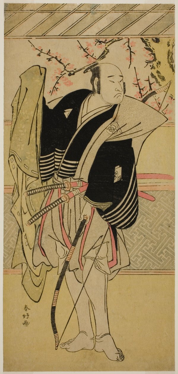 Skådespelaren Onoe Matsusuke I som Yawata no Saburo () i pjäsen Edo no Hana Mimasu Soga (), uppförd på Nakamura-teatern () under den första månaden 1783 () av Katsukawa Shunkо̄