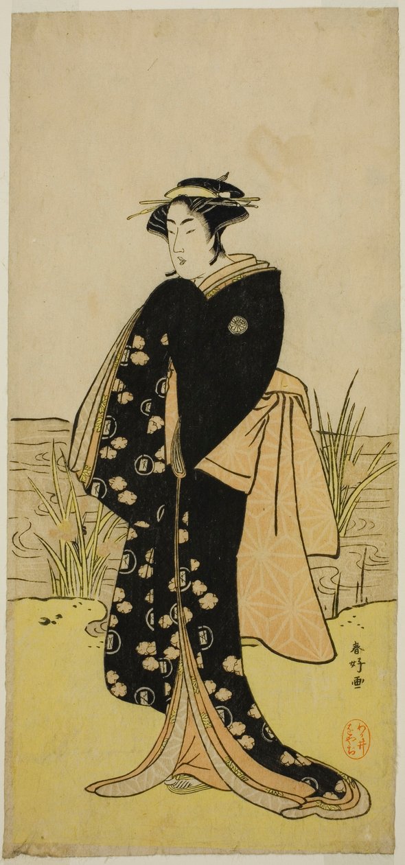 Skådespelaren Segawa Kikunojo III som Oshichi i pjäsen Junshoku Edo Murasaki, uppförd på Ichimura-teatern under den första månaden 1779 av Katsukawa Shunkо̄