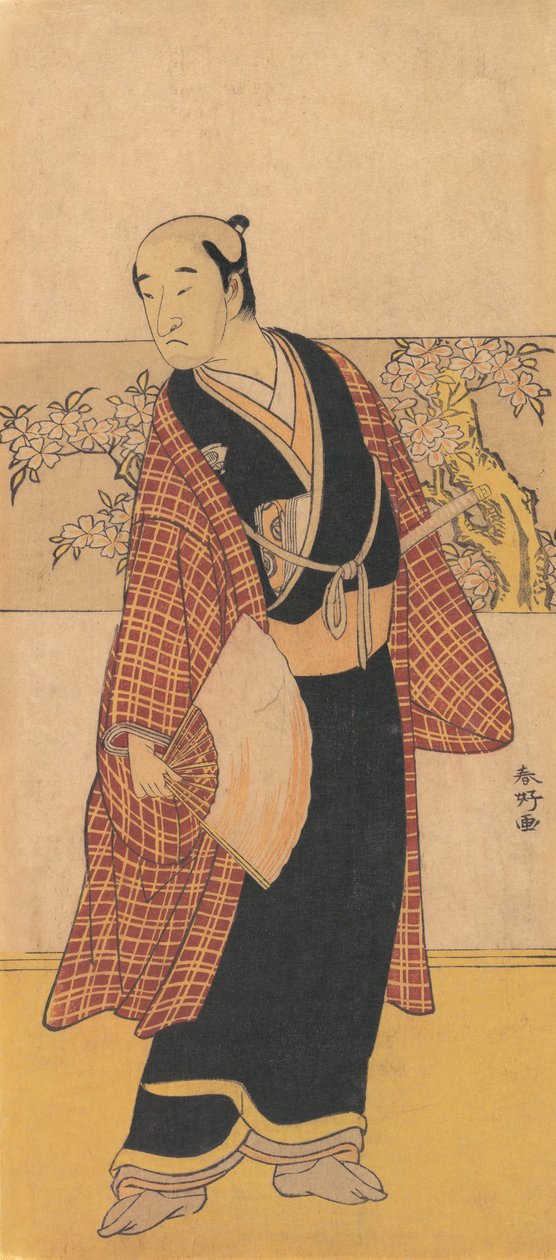 En oidentifierad skådespelare står med en öppen fläkt i handen, 1743-1812. av Katsukawa Shunko