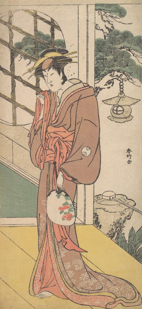 Arashi Ryuzo som en lång kvinna som står på Engawa, ca. 1789. av Katsukawa Shunko