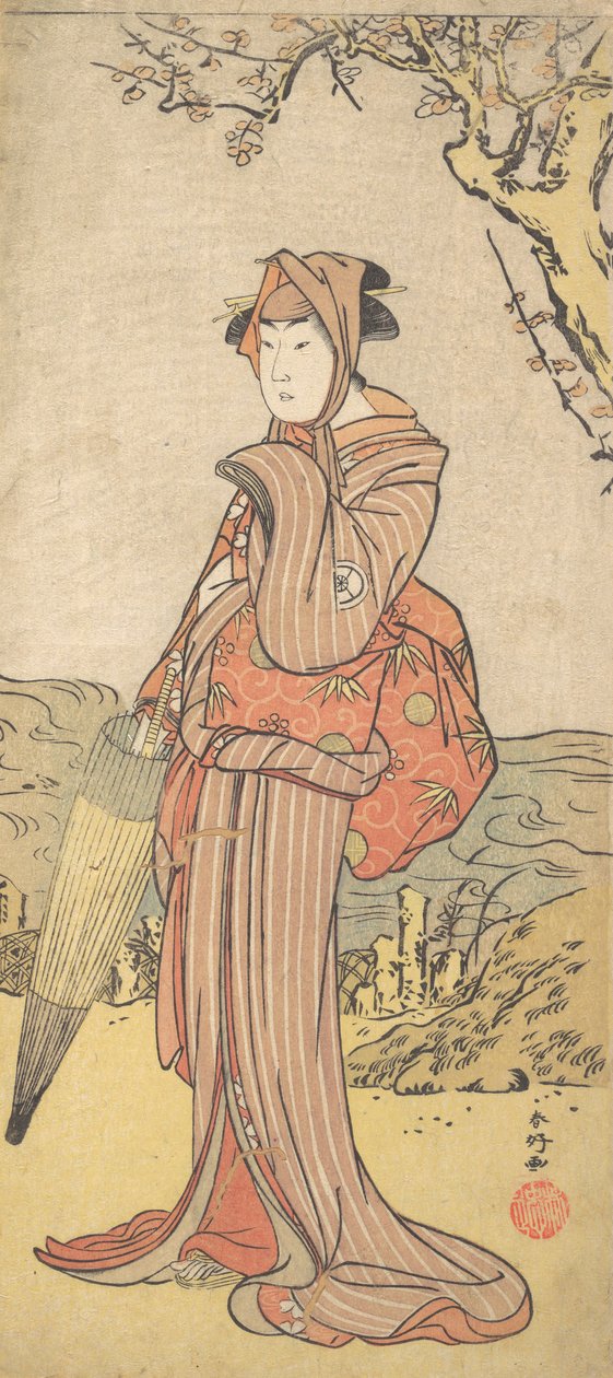 Iwai Kiyotaro som en kvinna som står under ett plommonträd, ca. 1788. av Katsukawa Shunko