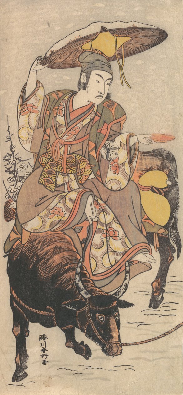 Skådespelaren Matsumoto Koshiro IV på en tjur i en snöstorm, ca. 1790. av Katsukawa Shunko
