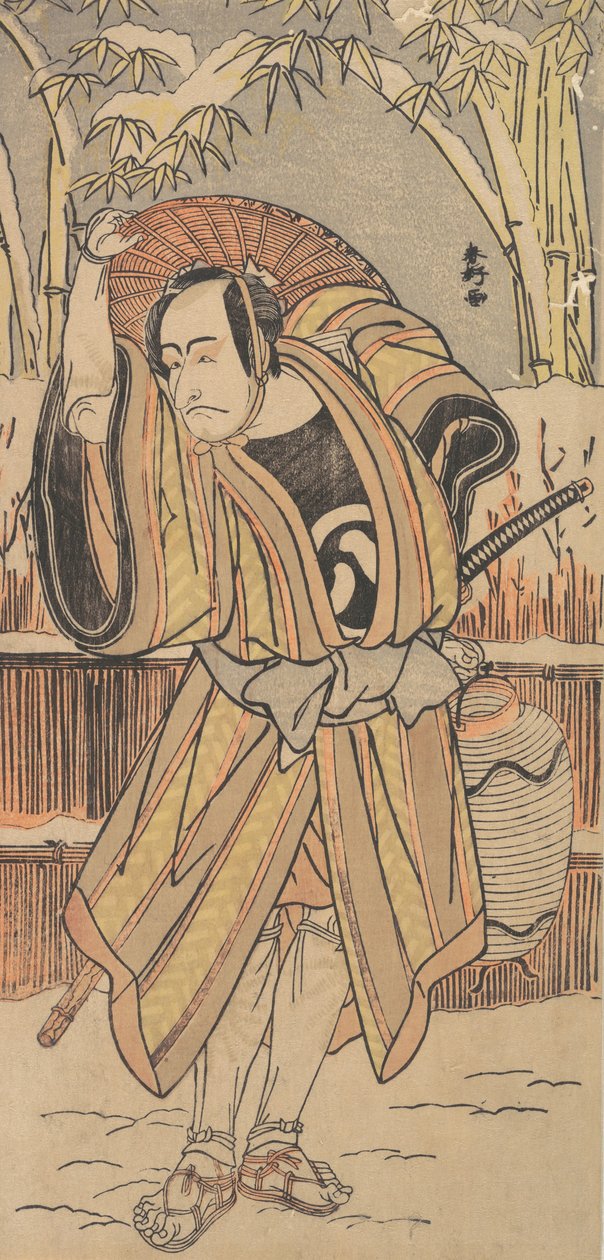 Den femte Ichikawa Danjuro som en man i vinterkläder, daterad 1788. av Katsukawa Shunko