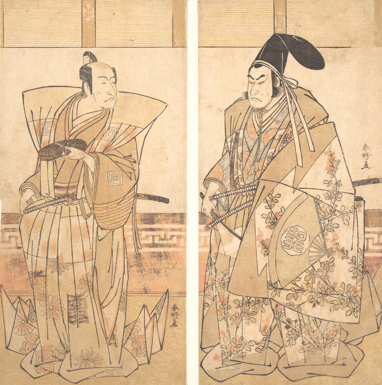 Två skådespelare klädda i ceremoniella kostymer, ca. 1787. av Katsukawa Shunko