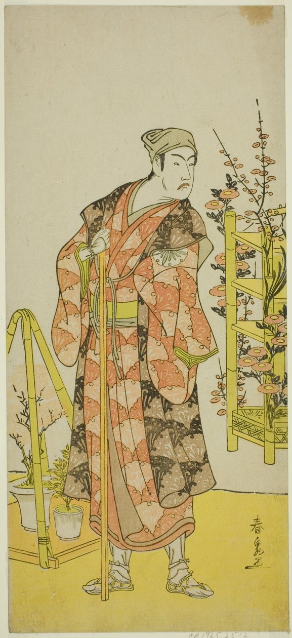 Skådespelaren Matsumoto Koshiro IV som växtsäljaren Awashima no Yonosuke i pjäsen Mukashi Otoko Yuki no Hinagata, framförd på Ichimura-teatern under elfte månaden, 1781 av Katsukawa Shunsen