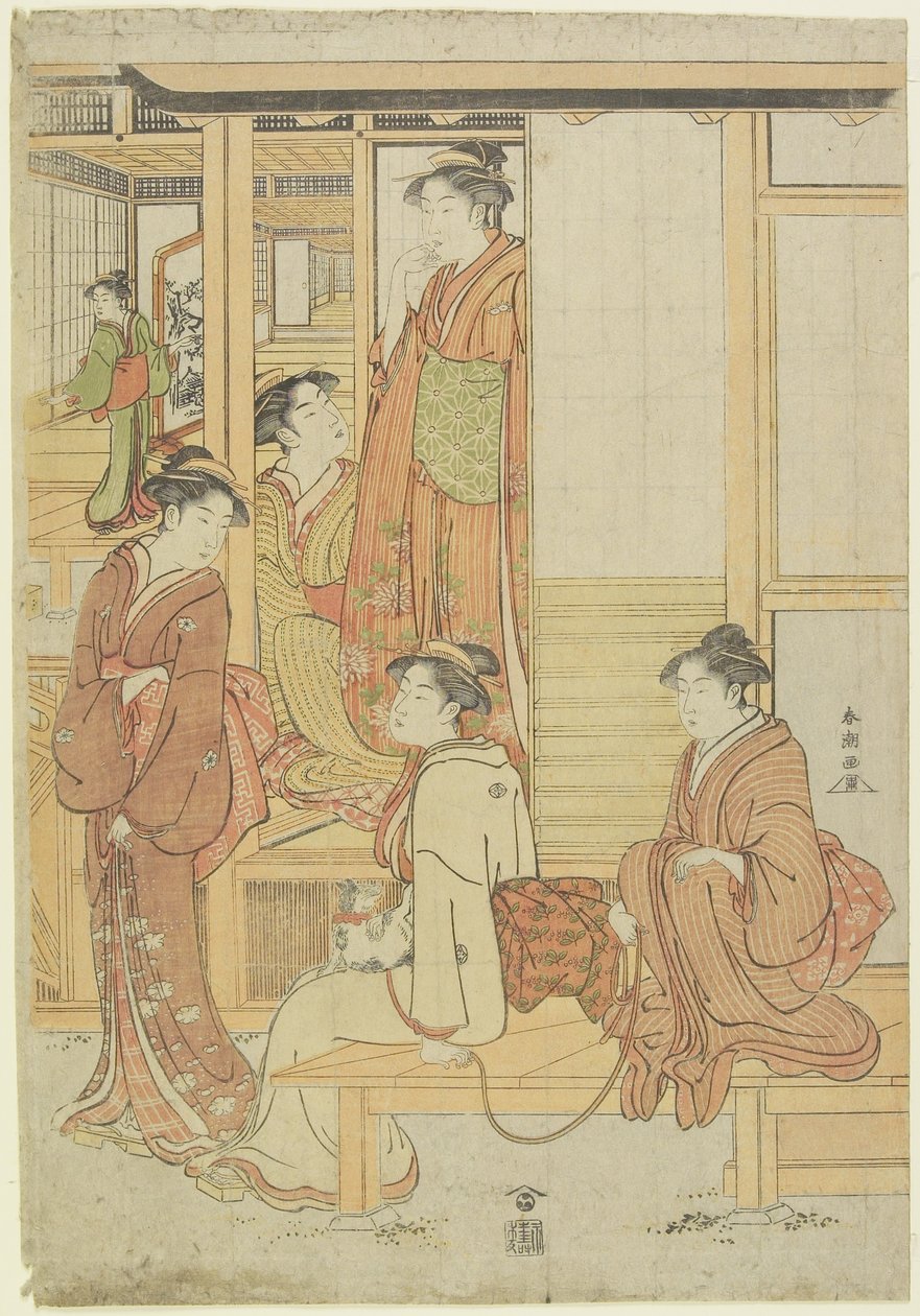 (En grupp damer på en veranda), ca. 1780-1795 av Katsukawa Shunsho