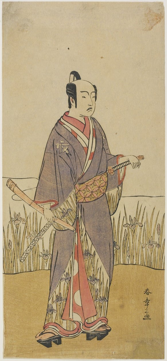 (En skådespelare i en samurajroll som håller en bambuflöjt) av Katsukawa Shunsho