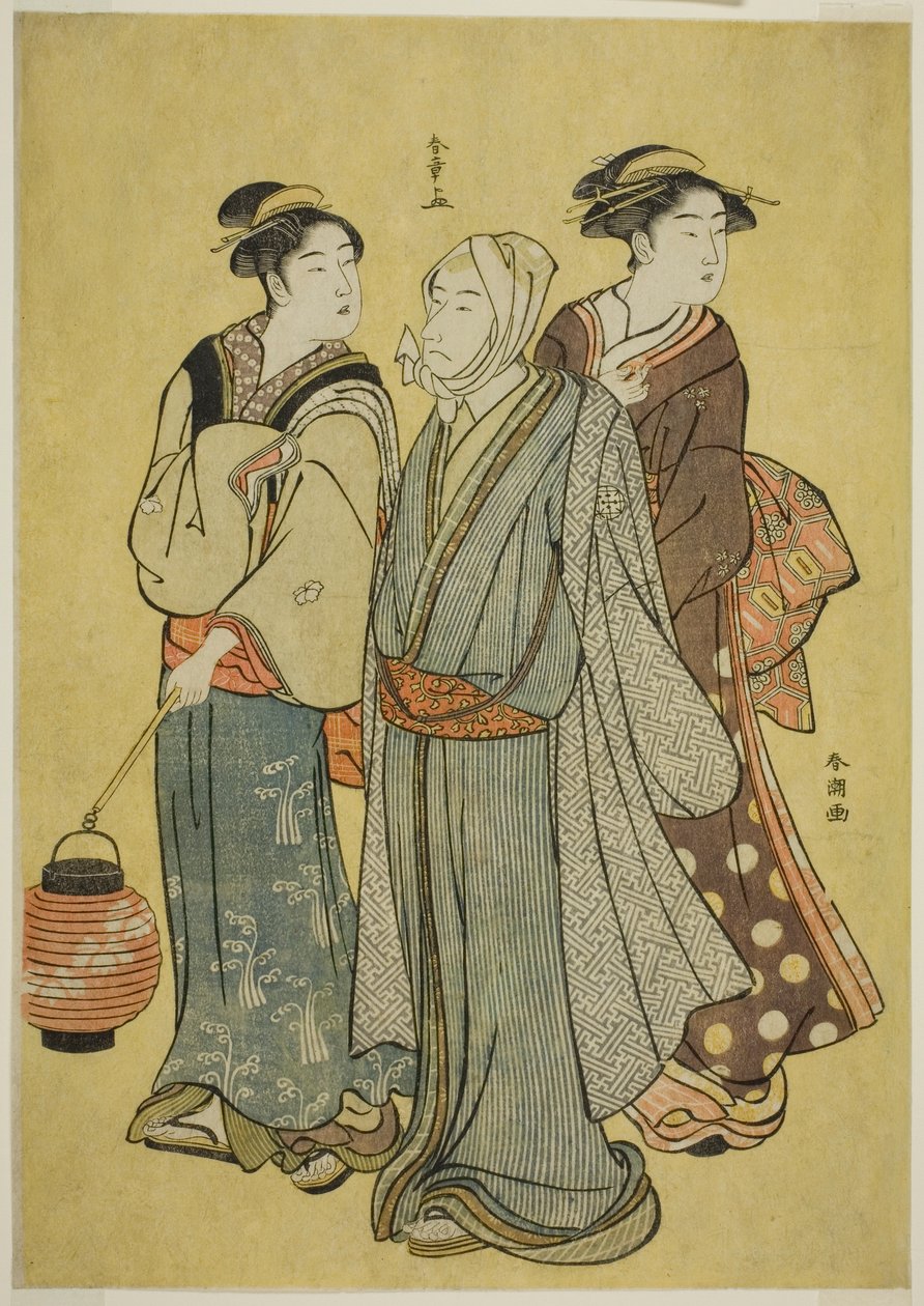 En ung man klädd till en skådespelare i familjen Ichikawa (av Shunsho), en piga och en geisha (av Shuncho) av Katsukawa Shunsho