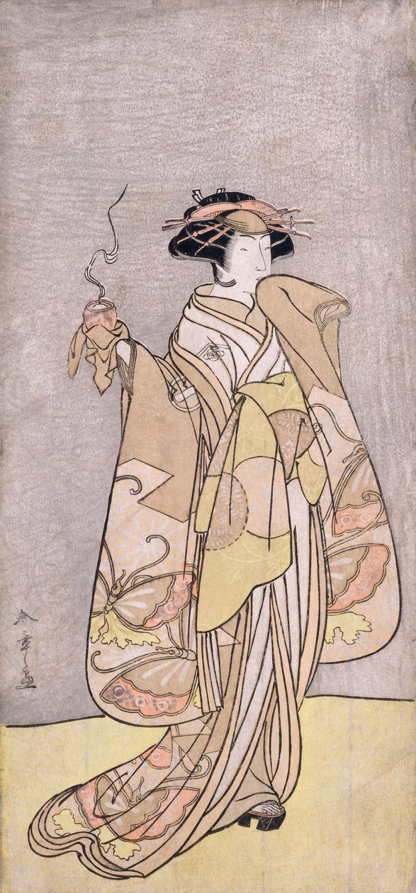 Ett fullängdsporträtt av skådespelaren Ichikawa Monnosuke II i en kvinnlig roll som håller i en rökelsebrännare (träblock i färg) av Katsukawa Shunsho