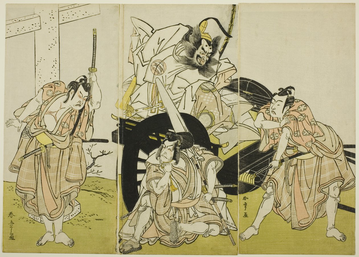 Skådespelarna Nakajima Mihoemon II som Fujiwara no Shihei, Ichikawa Ebizô III som Matsuo-maru, Ichikawa Yaozô II som Sakura-maru och Ichimura Uzaemon IX som Umeo-maru i "Sugawara