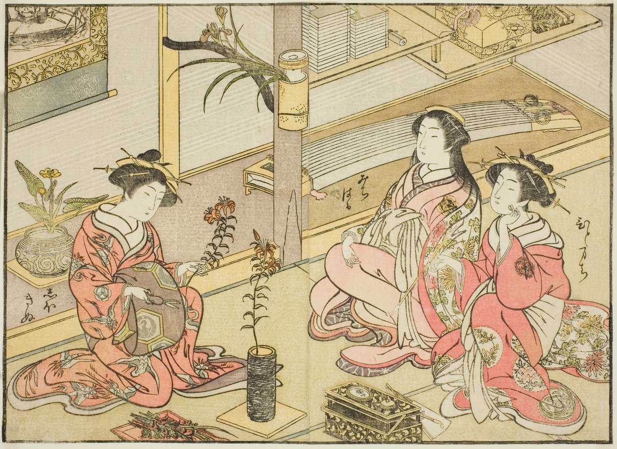 Kurtisaner från Kadotsutaya, från boken "Mirror of Beautiful Women of the Pleasure Quarters (Seiro bijin awase sugata kagami)," vol. 1 av Katsukawa Shunsho
