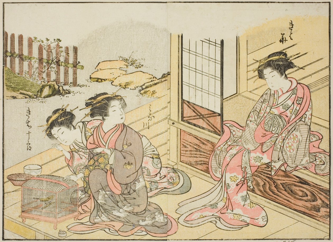 Courtesans of the Kagemanjiya, från boken "Mirror of Beautiful Women of the Pleasure Quarters (Seiro bijin awase sugata kagami)," vol. 1 av Katsukawa Shunsho