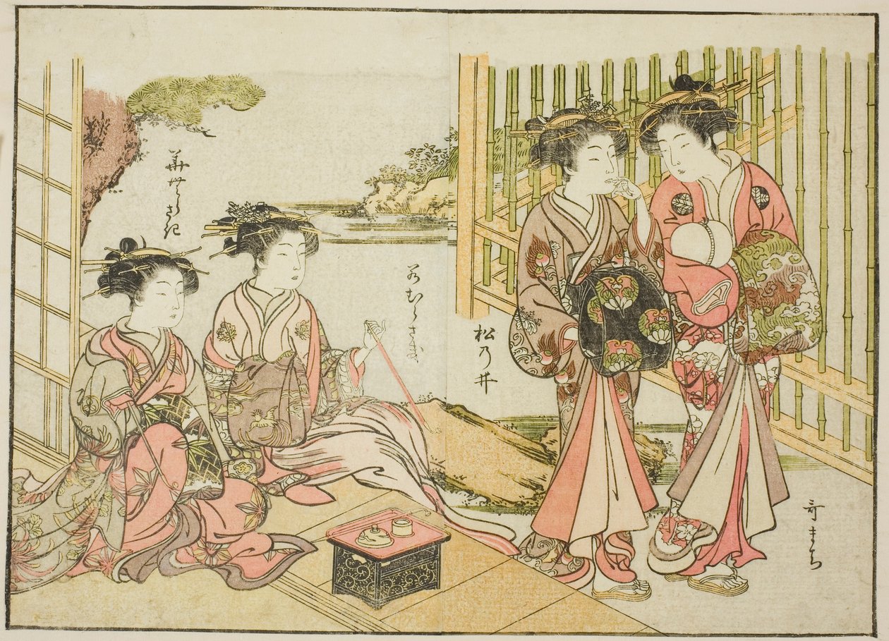 Courtesans of the Matsubaya, från boken "Mirror of Beautiful Women of the Pleasure Quarters (Seiro bijin awase sugata kagami)," vol. 1 av Katsukawa Shunsho