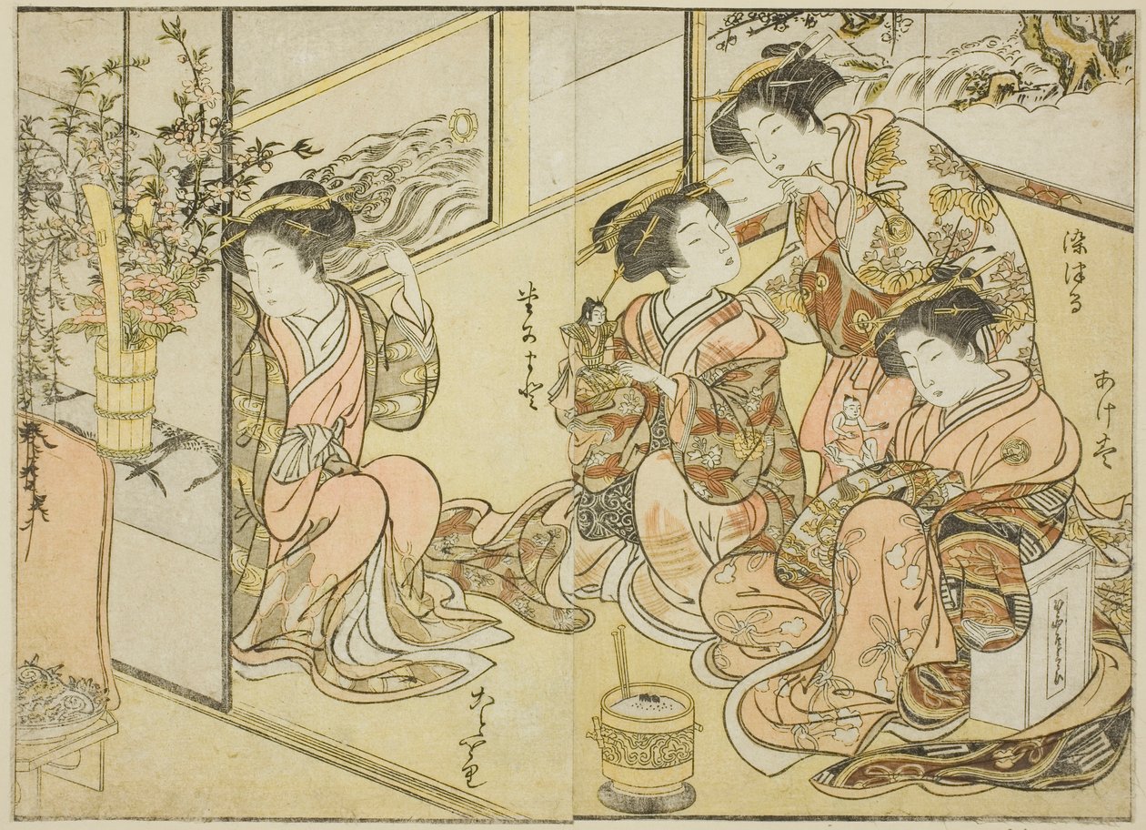 Courtesans of the Matsuneya, från boken "Mirror of Beautiful Women of the Pleasure Quarters (Seiro bijin awase sugata kagami)," vol. 1 av Katsukawa Shunsho