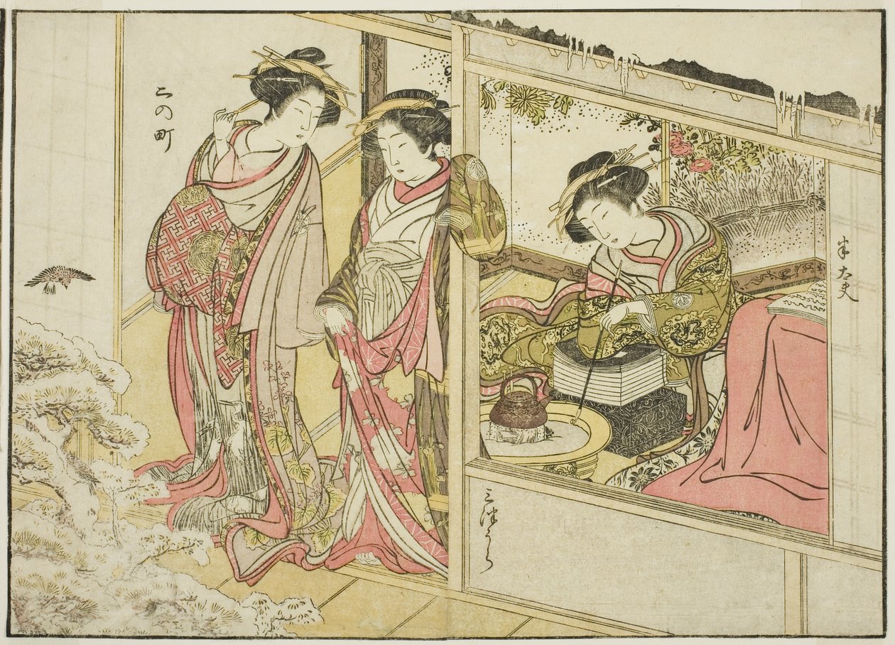 Courtesans of the Nakaomiya, från boken "Mirror of Beautiful Women of the Pleasure Quarters (Seiro bijin awase sugata kagami)," vol. 2 av Katsukawa Shunsho