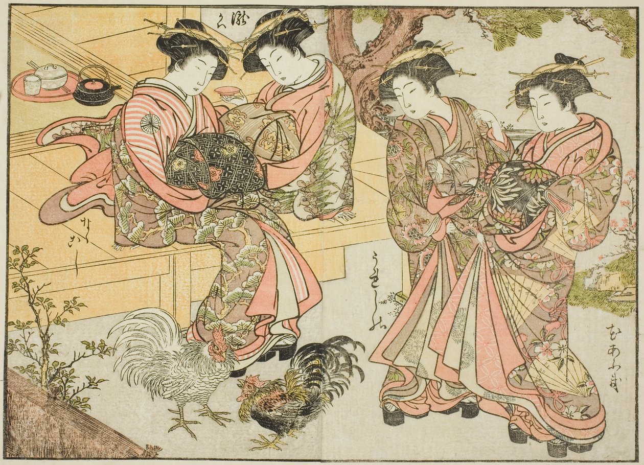 Courtesans of the Ogiya, från boken "Mirror of Beautiful Women of the Pleasure Quarters (Seiro bijin awase sugata kagami)," vol. 1 av Katsukawa Shunsho