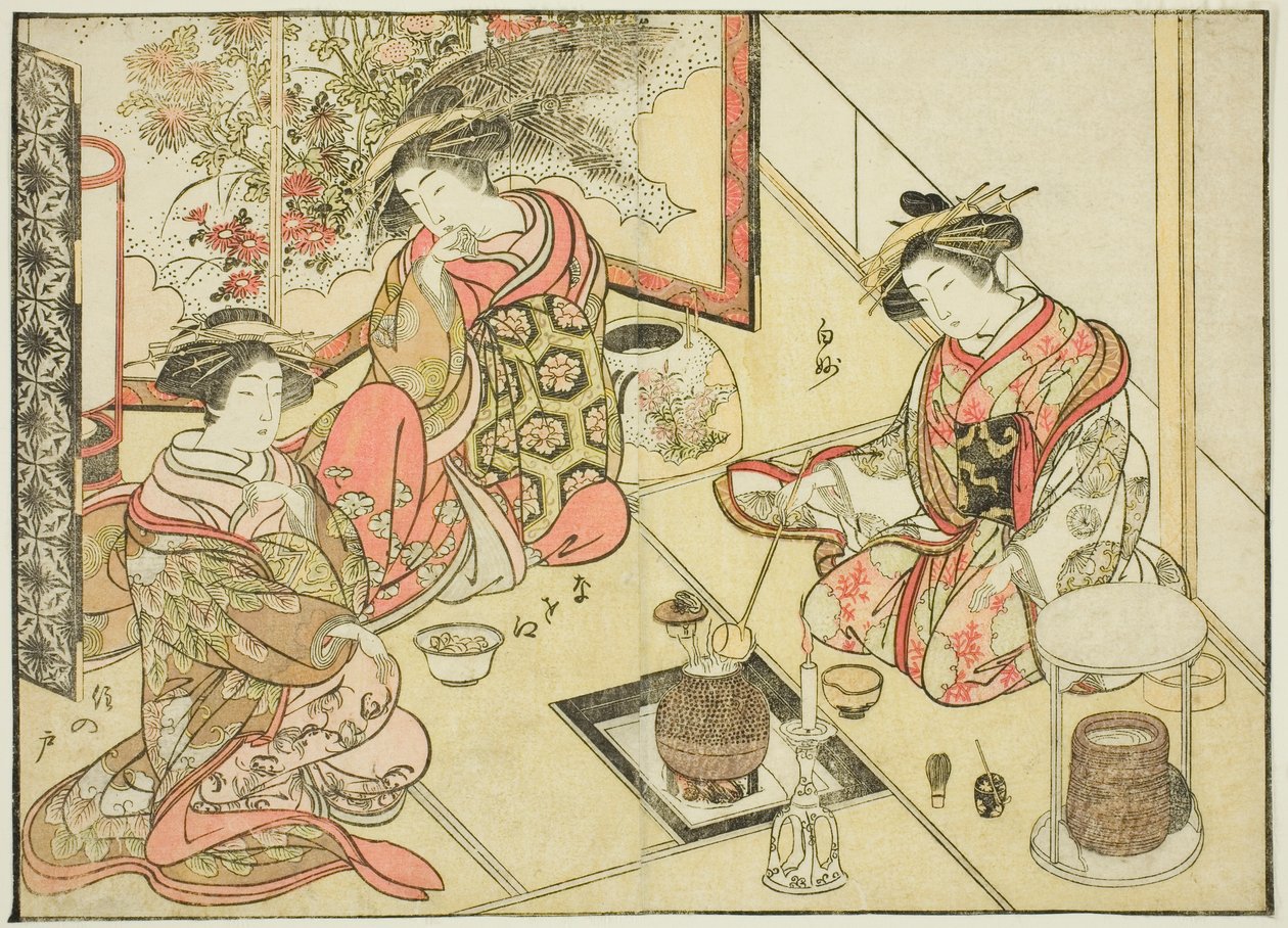 Courtesans of the Okaneya, från boken "Mirror of Beautiful Women of the Pleasure Quarters (Seiro bijin awase sugata kagami)," vol. 2 av Katsukawa Shunsho