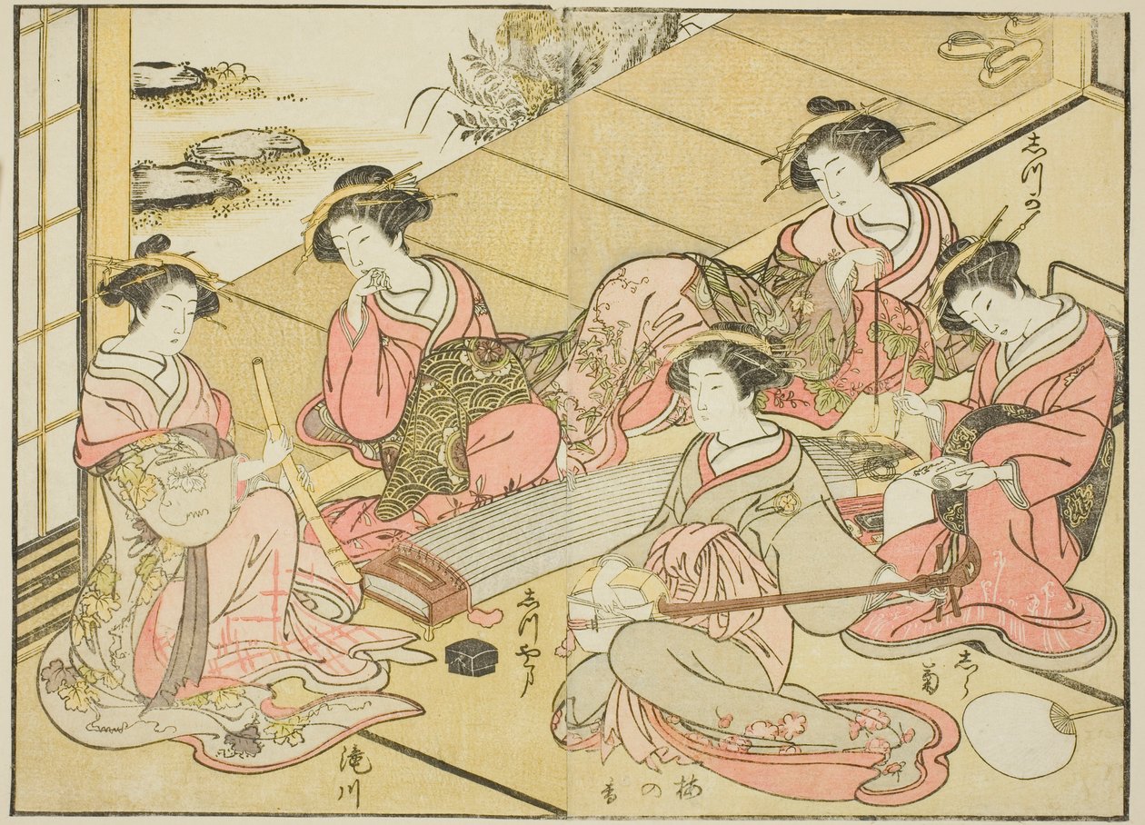 Courtesans of the Tamaya, från boken "Mirror of Beautiful Women of the Pleasure Quarters (Seiro bijin awase sugata kagami)," vol. 1 av Katsukawa Shunsho