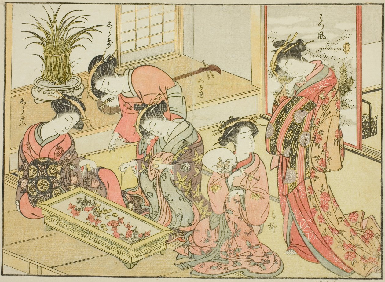 Courtesans of the Wakanaya, från boken "Mirror of Beautiful Women of the Pleasure Quarters (Seiro bijin awase sugata kagami)," vol. 1 av Katsukawa Shunsho