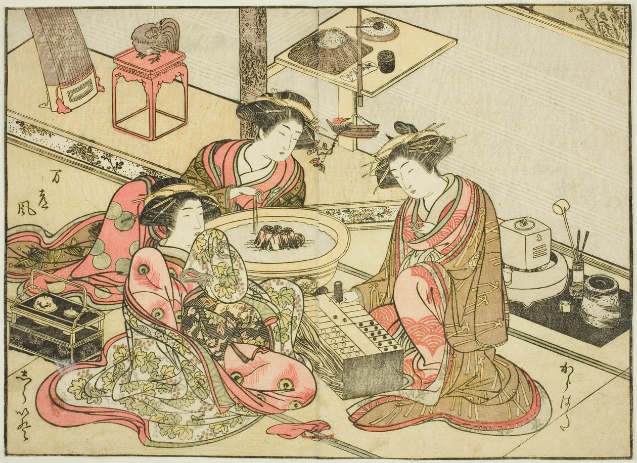 Kurtisaner från Yamashiroya, från boken "Mirror of Beautiful Women of the Pleasure Quarters (Seiro bijin awase sugata kagami)," vol. 2 av Katsukawa Shunsho