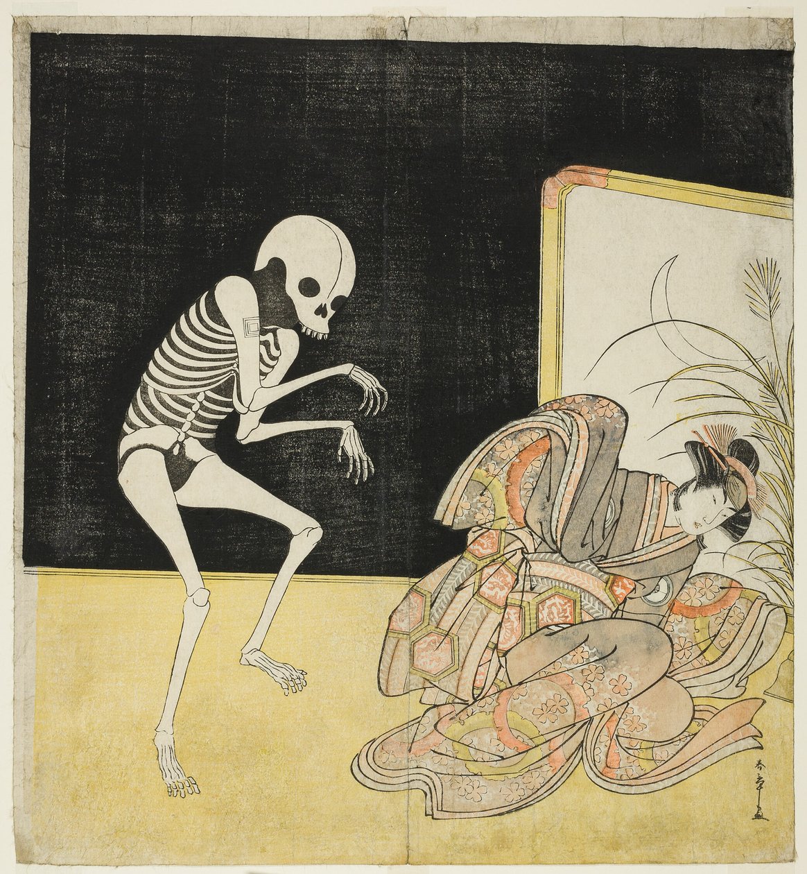 Ichikawa Danjūrō V som skelett, den avfällige munken Seigens ande, och Iwai Hanshirō IV som körsbärsprinsessan, i "Flower of Edo: En saga om Ichikawa" (Edo no Hana Mimasu Soga) av Katsukawa Shunsho