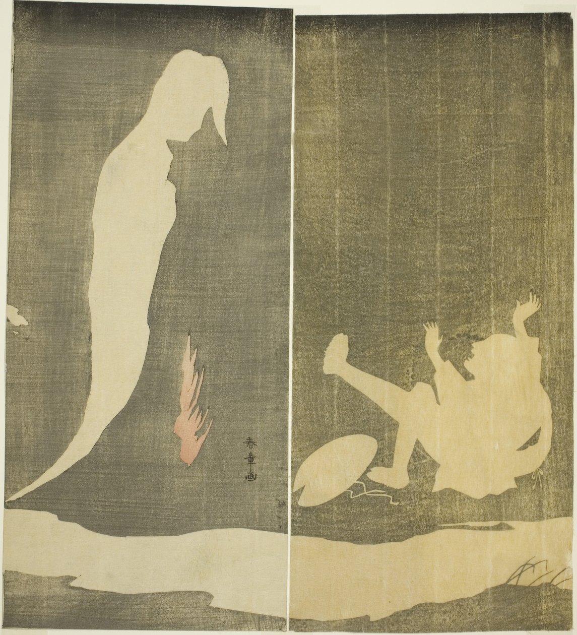 Man som faller baklänges, skrämd av en kvinnas spöke över en flod, ca 1782 (träsnitt i färg; hosoban-diptyk) av Katsukawa Shunsho