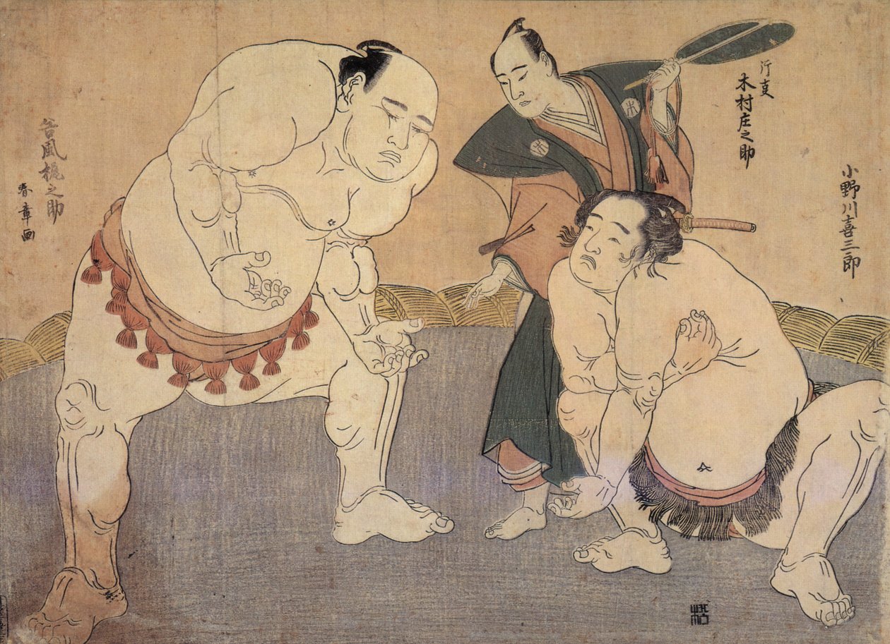 Onagawa Kisaburo och Tanikaze Kajinosuke framförde Shiriki i Dohyo, domslut av Kimura Shonosuke av Katsukawa Shunsho