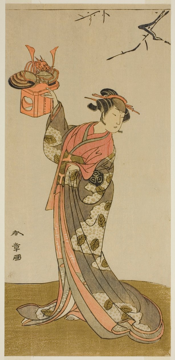 Skådespelaren Arashi Hinaji I som Hananoi i pjäsen Gosho-zakura Horikawa Youchi, framförd på Ichimura-teatern den fjärde månaden, 1773 av Katsukawa Shunsho