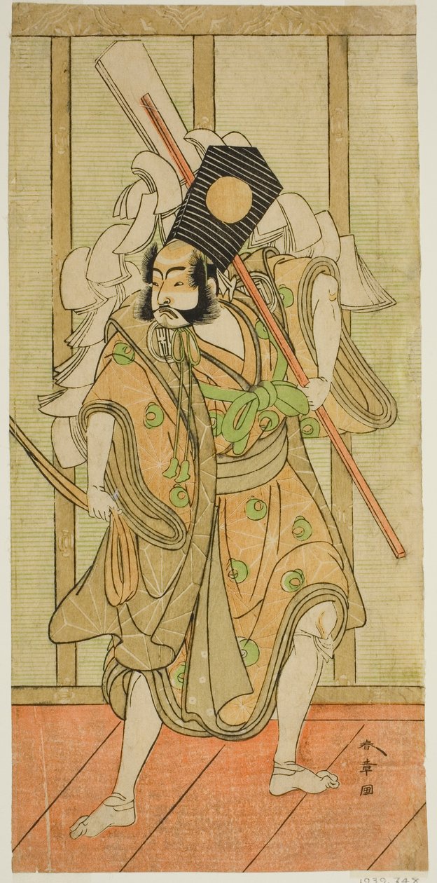 Skådespelaren Arashi Sangoro II som Asahina Saburo i pjäsen Iro Maki-e Soga no Sakazuki, framförd på Morita Theatre under den första månaden, 1773 av Katsukawa Shunsho