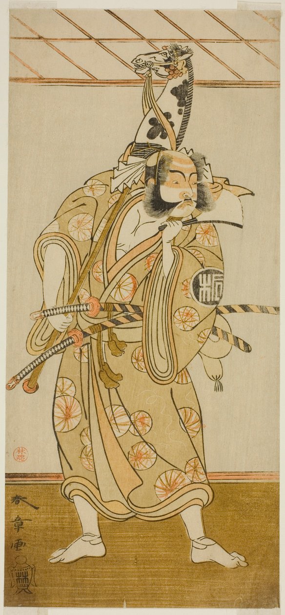 Skådespelaren Arashi Sangoro II som Asahina Saburo i pjäsen Iro Maki-e Soga no Sakazuki, framförd på Morita Theatre under den första månaden, 1773 av Katsukawa Shunsho