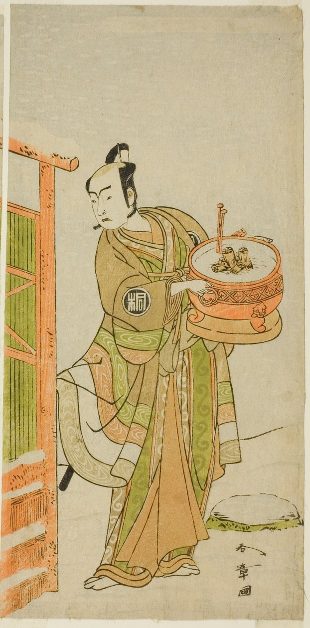 Skådespelaren Arashi Sangoro II som Ito Kuro förklädd till Banta i pjäsen Izu-goyomi Shibai no Ganjitsu, framförd på Morita Theatre i elfte månaden, 1772 av Katsukawa Shunsho
