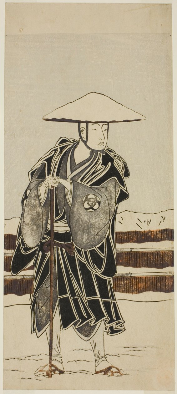 Skådespelaren Bando Mitsugoro I som abbot Saimyo-ji Tokiyori, förklädd till en munk, i Joruri "Onna Hachi no Ki" (en kvinnlig version av "The Potted Trees") från del två av pjäsen Onna Aruji Hatsuyuki no Sekai (A Woman as Master: The World of the First Sno av Katsukawa Shunsho