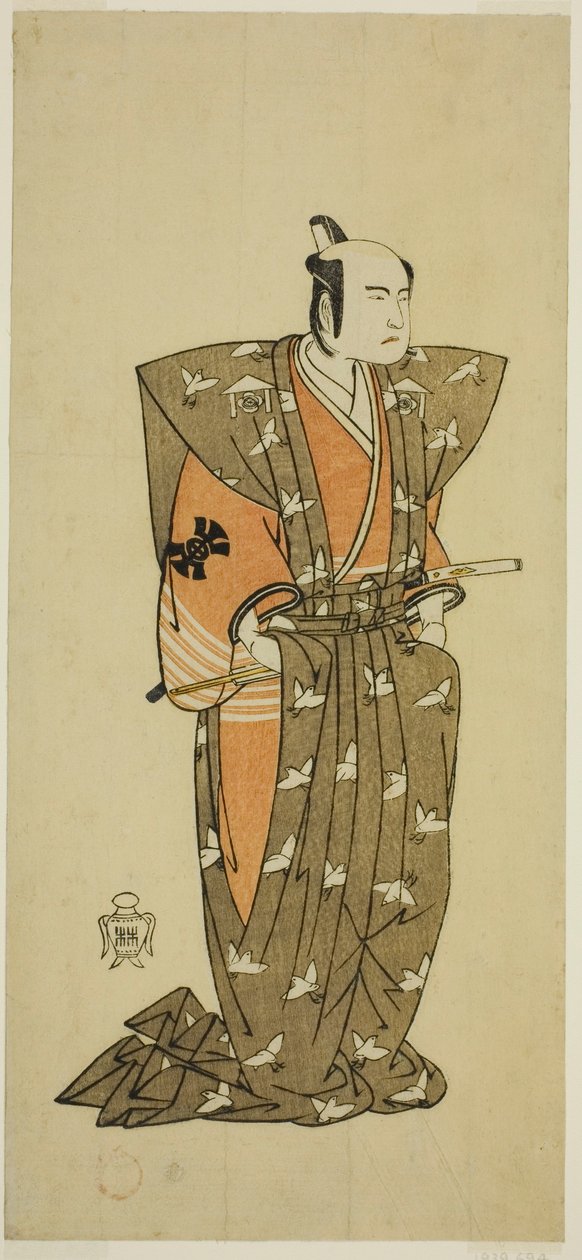 Skådespelaren Bando Mitsugoro I som Soga no Juro Sukenari (?) i pjäsen Shuen Soga Omugaeshi (?), framförd på Ichimura-teatern (?) under andra månaden, 1768 (?) av Katsukawa Shunsho