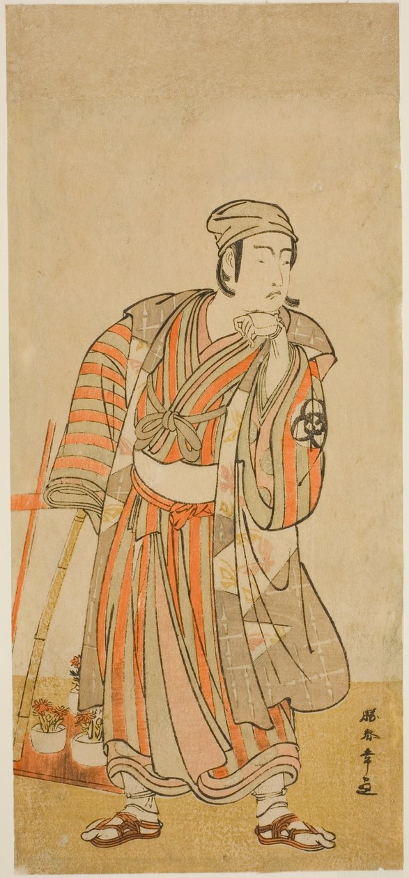 Skådespelaren Bando Mitsugoro I som Taira no Tadamori förklädd till en krukväxtförsäljare i pjäsen Sakuya Kono Hana no Kaomise, framförd på Nakamura-teatern den elfte månaden, 1776 av Katsukawa Shunsho