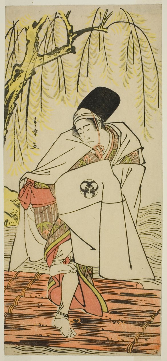 Skådespelaren Bando Mitsugoro I som shintoprästen Goinosuke förklädd till en vit hägers ande, i pjäsen Sakikaese Yuki no Miyoshino, framförd på Morita-teatern under elfte månaden, 1781 av Katsukawa Shunsho