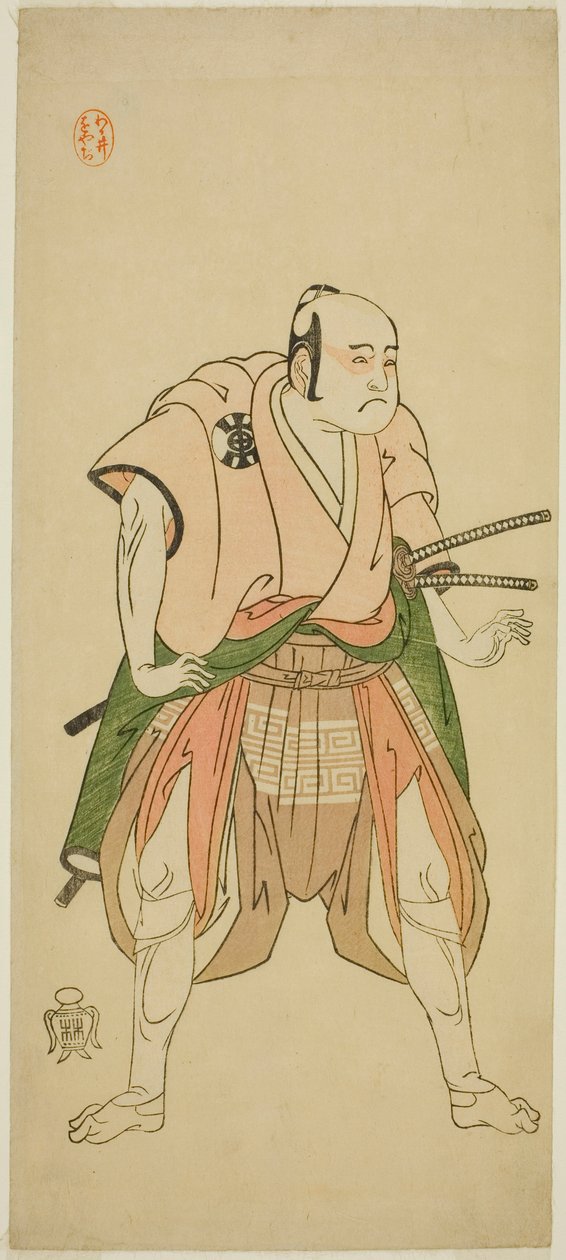 Skådespelaren Bando Sampachi I som Yawata no Saburo (?) i pjäsen Shuen Soga Omugaeshi (?), framförd på Ichimura-teatern (?) under andra månaden, 1768 (?) av Katsukawa Shunsho
