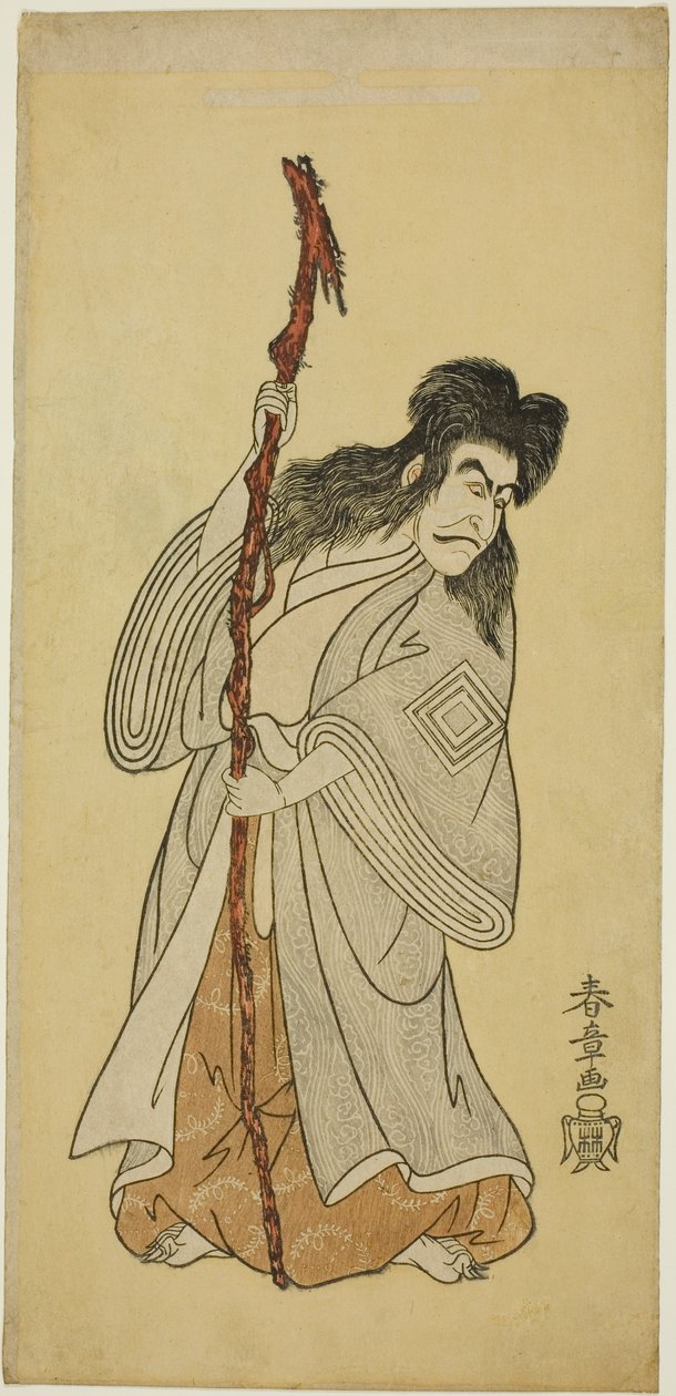 Skådespelaren Ichikawa Danjuro IV, möjligen som Tenjiku Tokubei i pjäsen "Tenjiku Tokubei Turns the Helm toward Home (Tenjiku Tokubei Kokyo no Torikaji)," uppträdde på Nakamura-teatern i den åttonde månaden, 1768 av Katsukawa Shunsho