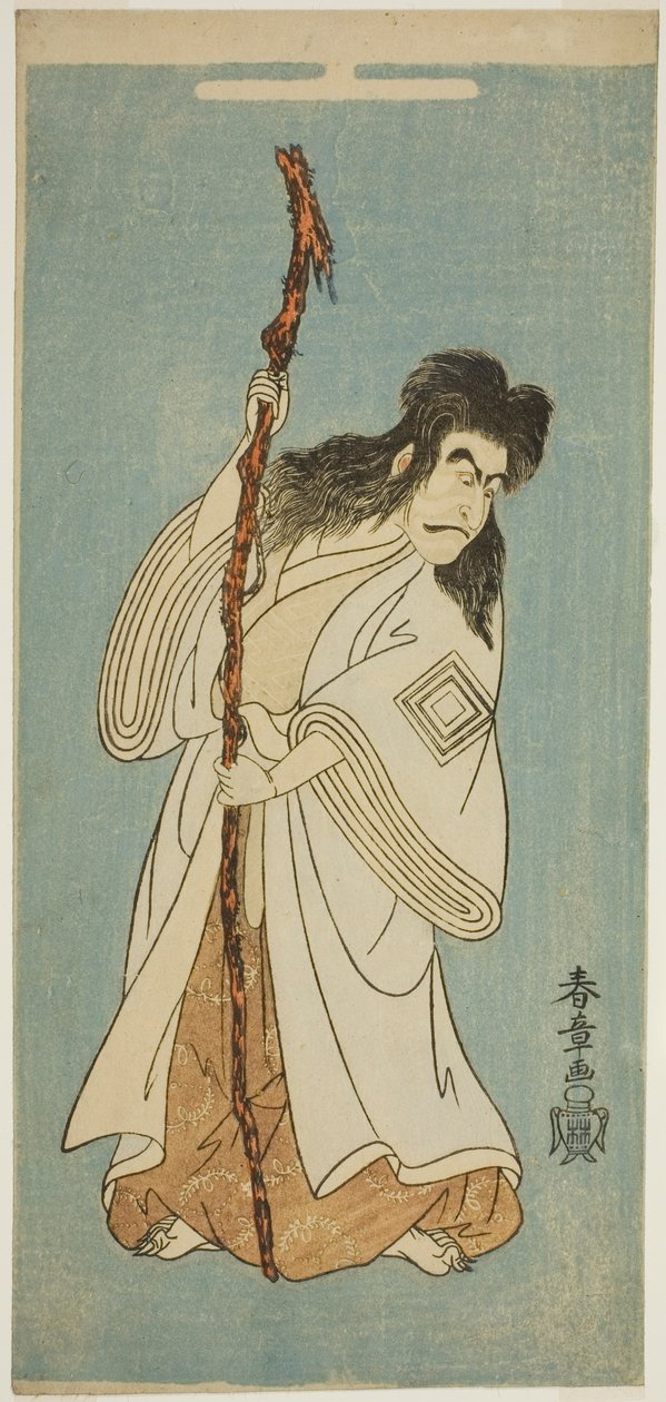 Skådespelaren Ichikawa Danjuro IV, möjligen som Tenjiku Tokubei i pjäsen "Tenjiku Tokubei Turns the Helm toward Home (Tenjiku Tokubei Kokyo no Torikaji)," spelade på Nakamura Theatre i den åttonde månaden, 1768 av Katsukawa Shunsho