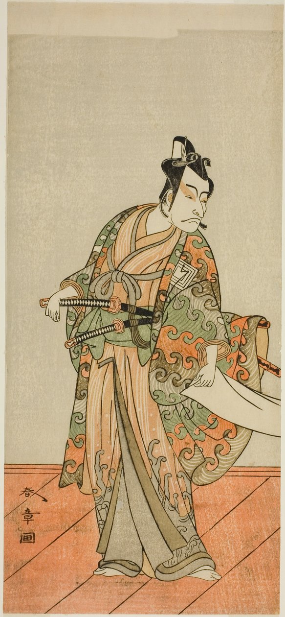 Skådespelaren Ichikawa Danjuro V som Kudo Kanaishi (?) i pjäsen Izu-goyomi Shibai no Ganjitsu (?), framförd på Morita Theatre (?) under elfte månaden, 1772 (?) av Katsukawa Shunsho