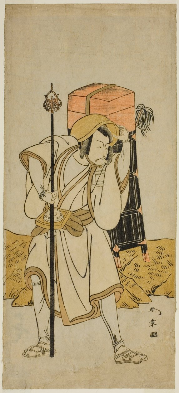 Skådespelaren Ichikawa Danjuro V som Moriya no Daijin förklädd till Rokuju-rokubu i pjäsen Miya-bashira Iwao no Butai, framförd på Morita Theatre i den sjunde månaden, 1773 av Katsukawa Shunsho