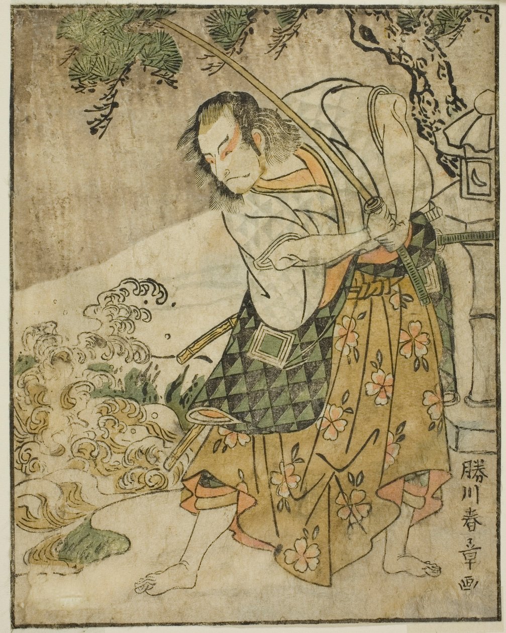Skådespelaren Ichikawa Danjuro V som Ogata no Sabura (?) i pjäsen Nue no Mori Ichiyo no Mato, framförd på Nakamura Theatre i elfte månaden, 1770 av Katsukawa Shunsho