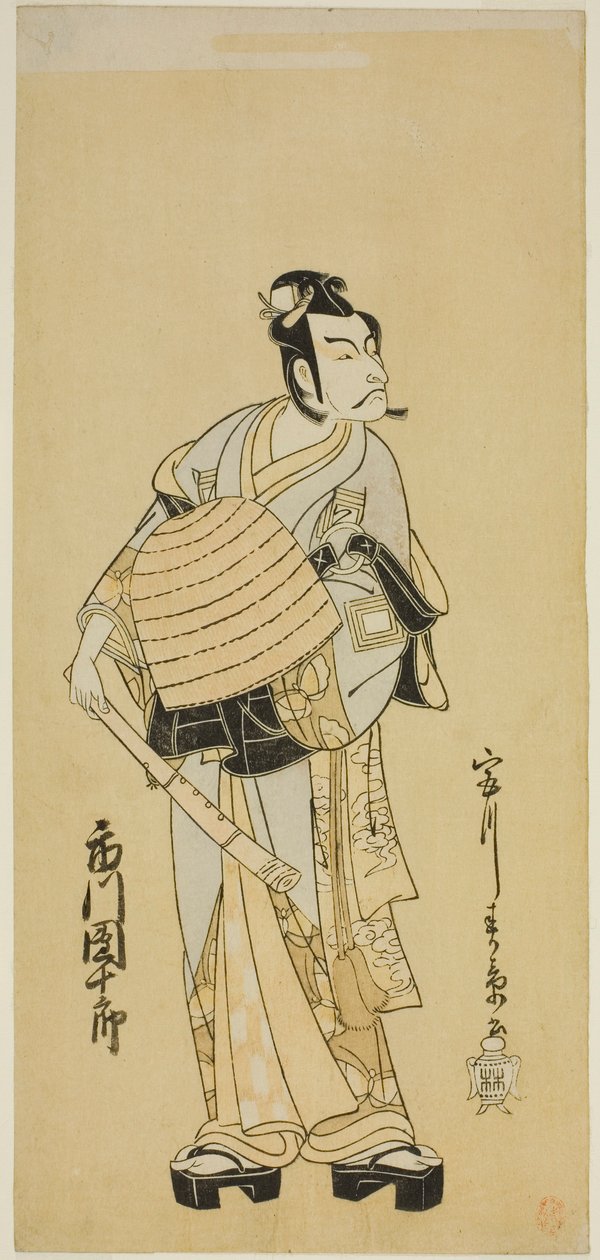 Skådespelaren Ichikawa Danjuro V som Soga no Goro förklädd till en Komuso i pjäsen Sakai-cho Soga Nendaiki, framförd på Nakamura Theatre under den första månaden, 1771 av Katsukawa Shunsho