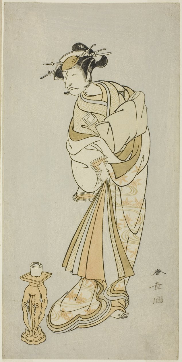 Skådespelaren Ichikawa Danjuro V som munken Seigens ande i Shosagoto-danssekvensen "Sono Utsushi-e Matsu ni Kaede" (En skuggbild av tall och lönn), den sista scenen i del två av pjäsen Keisei Momiji no Uchikake ( Courtesan i en Över-Kimono av av Katsukawa Shunsho