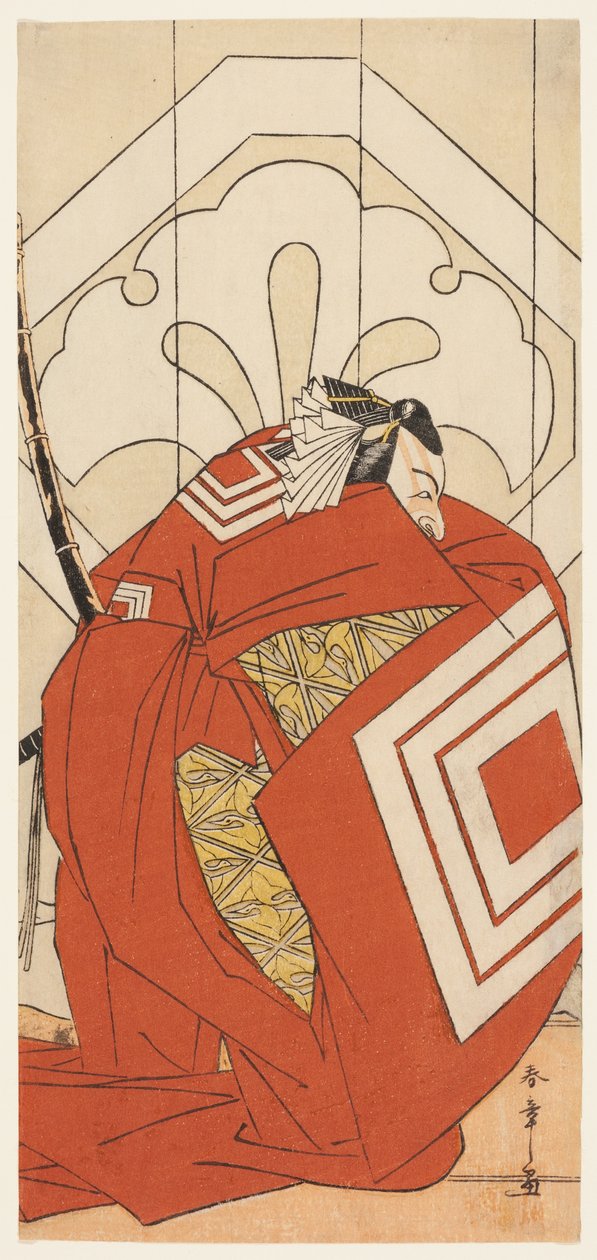 Skådespelaren Ichikawa Danjuro V i en "Shibaraku"-roll, troligen som Kato Hyoeisa Shigemitsu, i den tredje scenen av pjäsen Masakado Kammuri no Hatsuyuki (Den första snön på Taira no Masakados huvudbonad), uppförd på Nakamura-teatern under den elfte av Katsukawa Shunsho